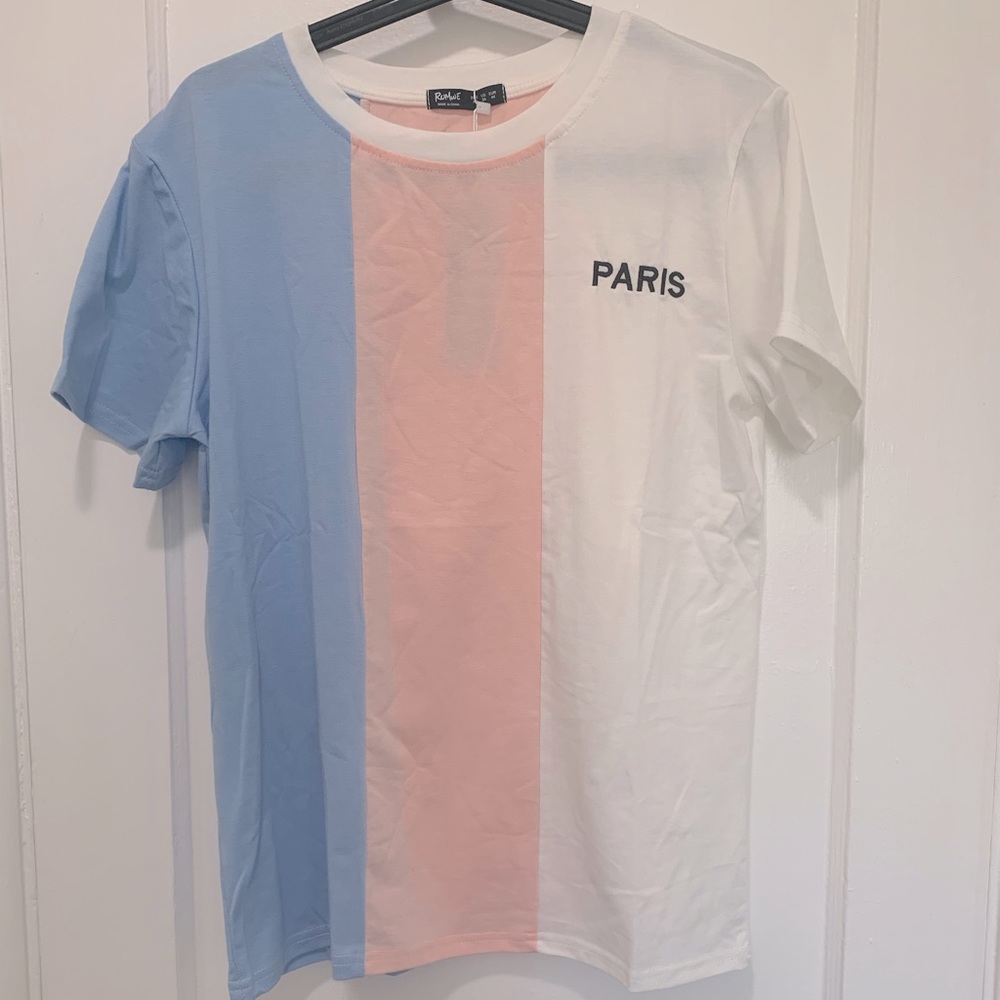 Romwe 3 panel T-shirt. Blue, pink, white.